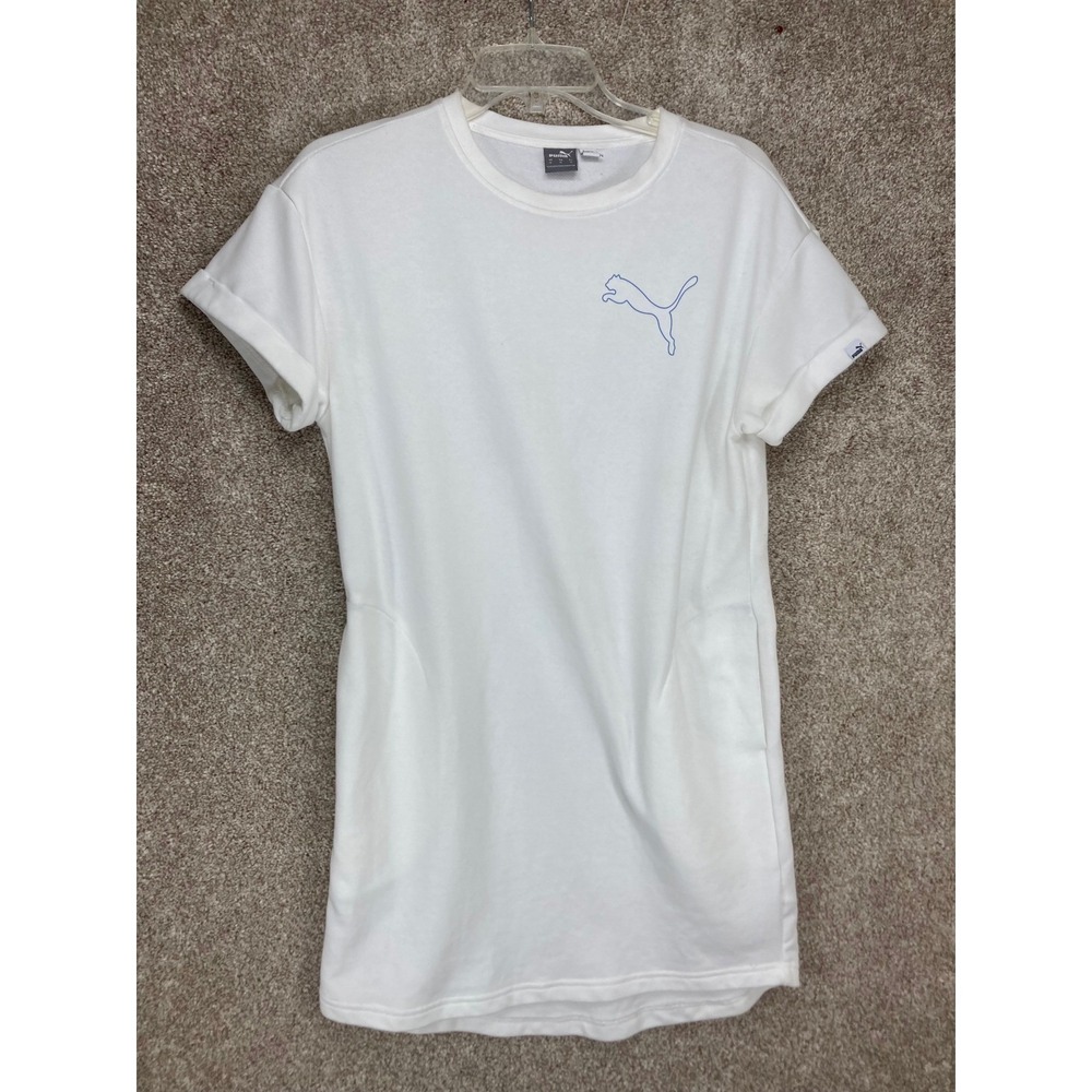 Puma French Terry Mini T-Shirt Dress Womens M White Blue Logo Pockets Loungewear